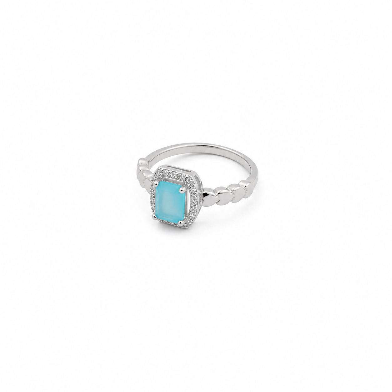 Silver Emerald Cut Turquoise Halo Ring